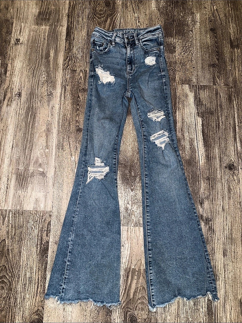 American Eagle Super Hi-Rise Flare Distressed Flare Jeans Blue Size 00